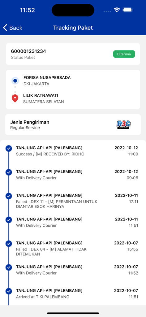 Tiki - Package tracking screen in the Tiki app showing delivery updates