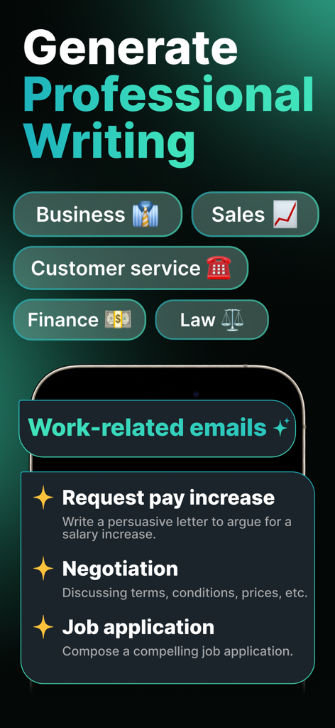 AI Email Writer - aiMail - aiMailアプリのインターフェースに、プロフェッショナルなライティングカテゴリと仕事関連のメールテンプレートが表示されている様子。