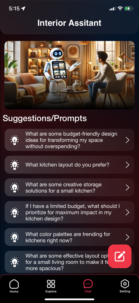 Home AI : AI Interior Design - Interior Assistant screen showing AI chat prompts for home design ideas