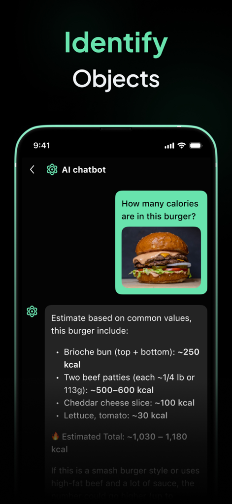AI Chatbot - Ask Me Anything - KI-Chatbot identifiziert einen Burger aus einem Foto und liefert eine geschätzte Kalorienaufschlüsselung.