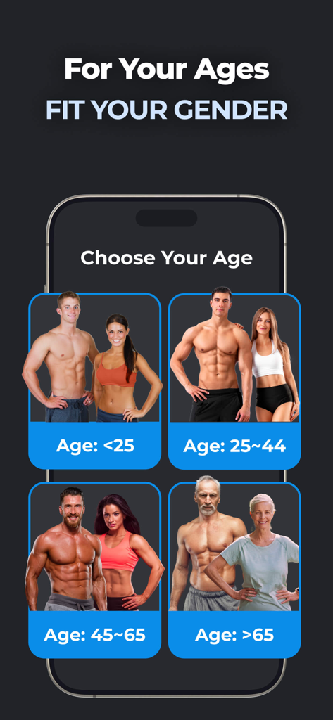 MuscleFit app interface for selecting user age group with categories ranging from under 25 to over 65.