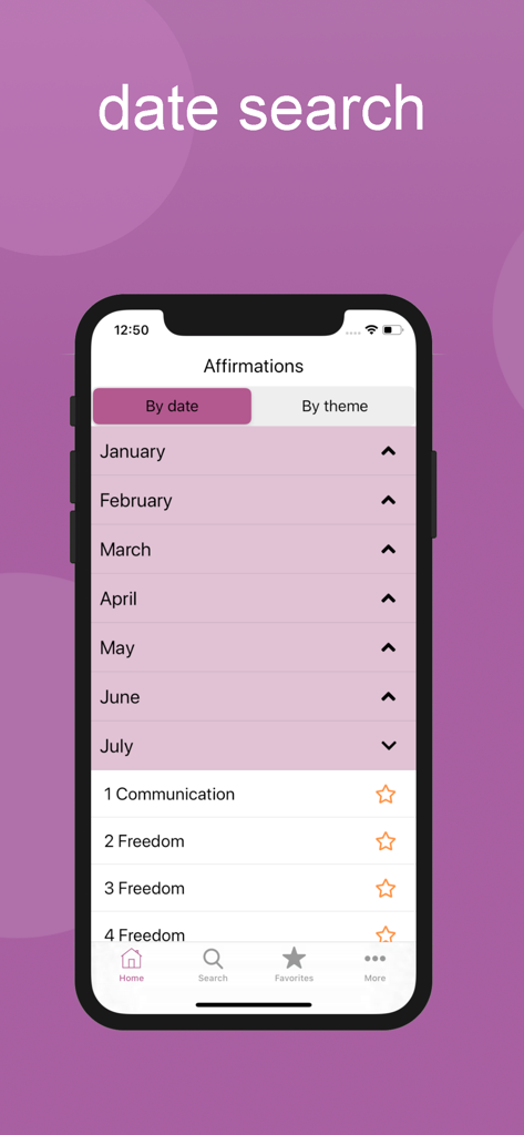 Master-mE - Pantalla de la aplicación Master-mE que muestra afirmaciones y virtudes diarias organizadas por mes y fecha.