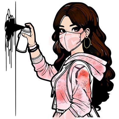 realistic girl with mask spray painting a wall