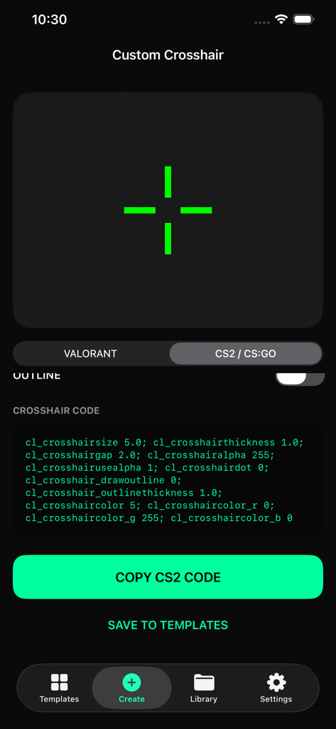 Custom Crosshair Aim - Custom Crosshair app interface showing a green crosshair preview and the copy code section for CS2 and CSGO