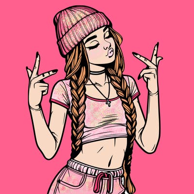 realistic teenage girl with braids and a beanie and crop top doing 🫶🏼