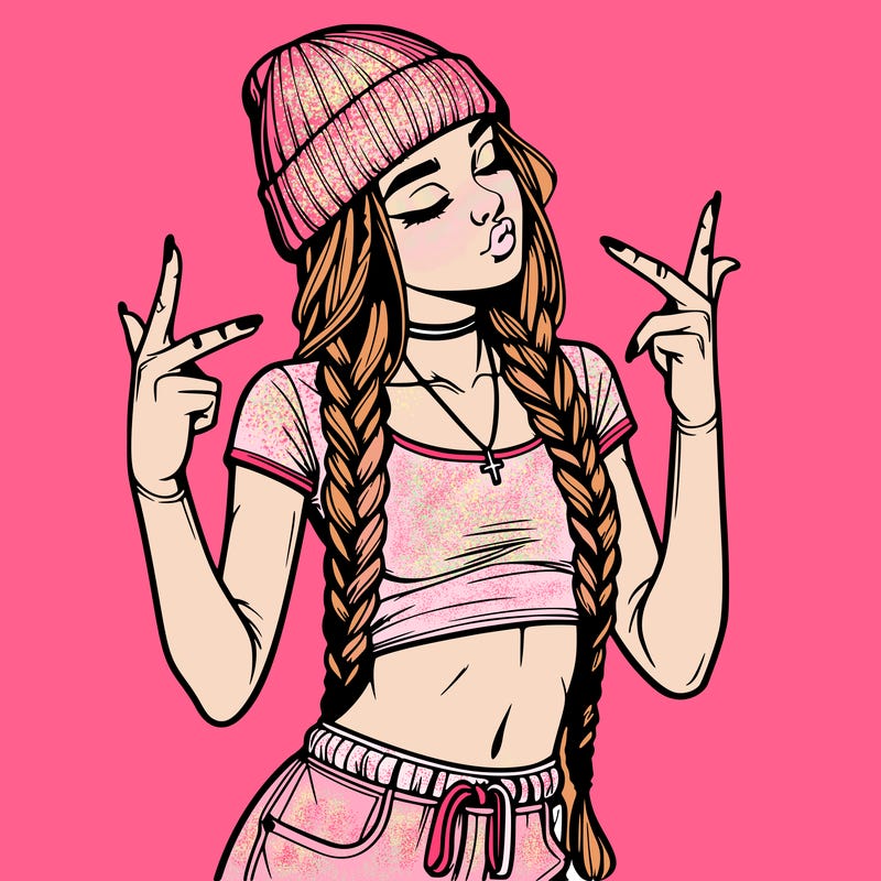 realistic teenage girl with braids and a beanie and crop top doing 🫶🏼