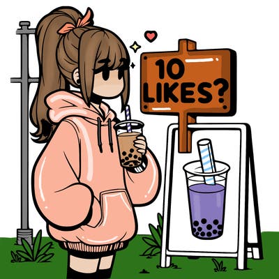 girl with oversized hoodie drinking boba and she has a high ponytail with a sign that says 10likes?