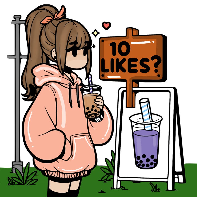 girl with oversized hoodie drinking boba and she has a high ponytail with a sign that says 10likes?