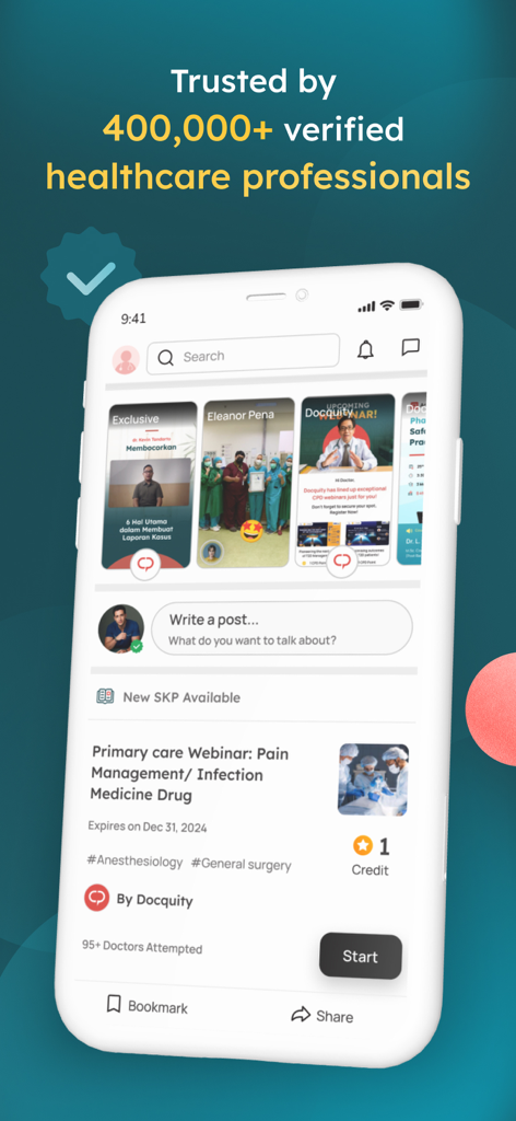 Interface mobile de l'application Docquity affichant des webinaires médicaux et des fonctionnalités de réseautage professionnel pour les prestataires de soins de santé