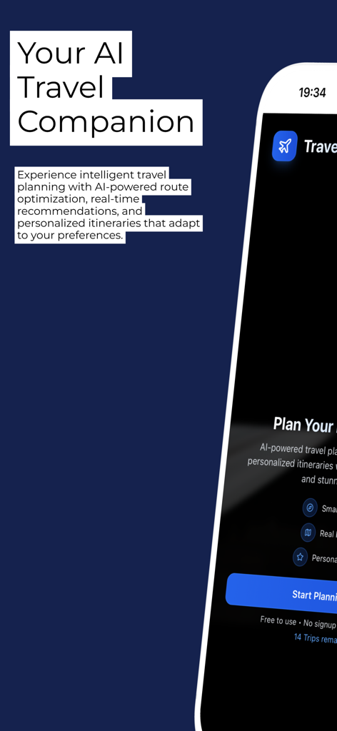Travel AI app home screen with AI travel companion header and intelligent planning description