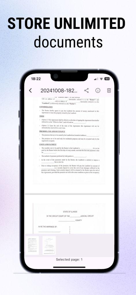 Convert Image to PDF: Scan2All - iPhone showing a scanned legal document in the Scan2All app under the headline Store Unlimited Documents