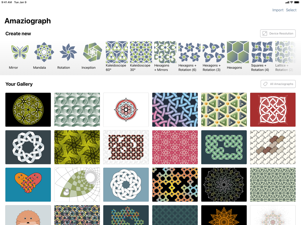 Amaziograph - Amaziograph 앱 인터페이스에 다채로운 만다라 패턴과 대칭 그리기 옵션 갤러리가 표시됨