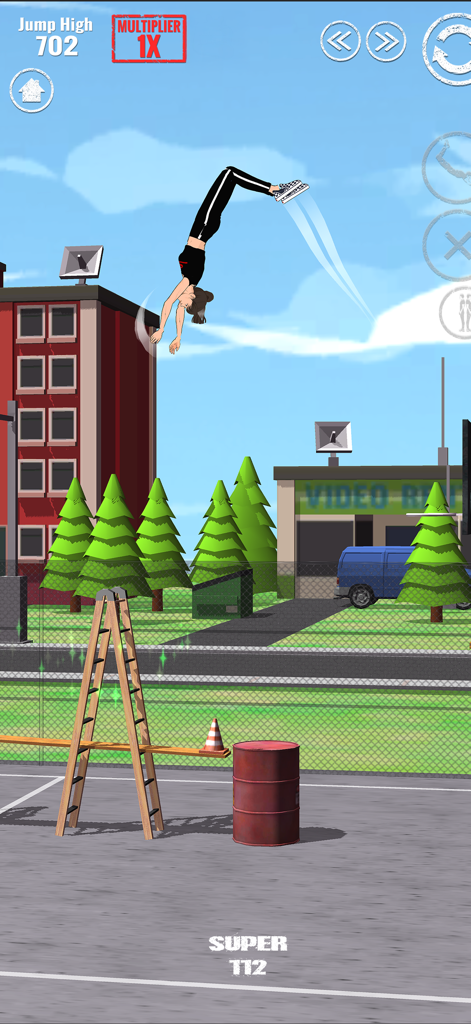SWAGFLIP Parkour Origins - Um personagem realizando um salto mortal em alta altitude sobre obstáculos urbanos em SWAGFLIP Parkour Origins