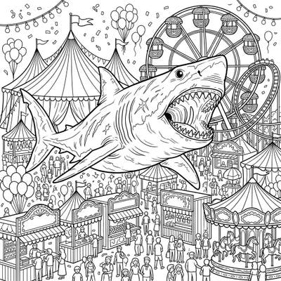Unleash your creativity with this incredible coloring page featuring an immense Megalodon shark crashing a lively carnival! Immerse yourself in a world where ancient giants meet festive fairground fun, perfect for all ages.