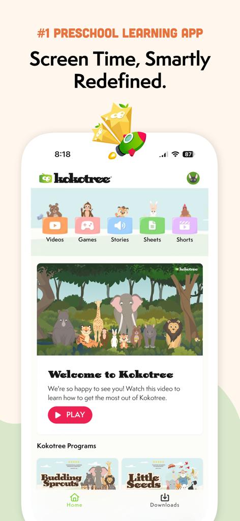 Kokotree: Preschool Learning - Kokotree preschool learning app home screen showing educational categories like videos and games with cute animal characters