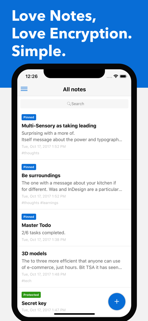 Interface móvel do Standard Notes mostrando uma lista de notas seguras criptografadas de ponta a ponta com etiquetas fixadas e protegidas.