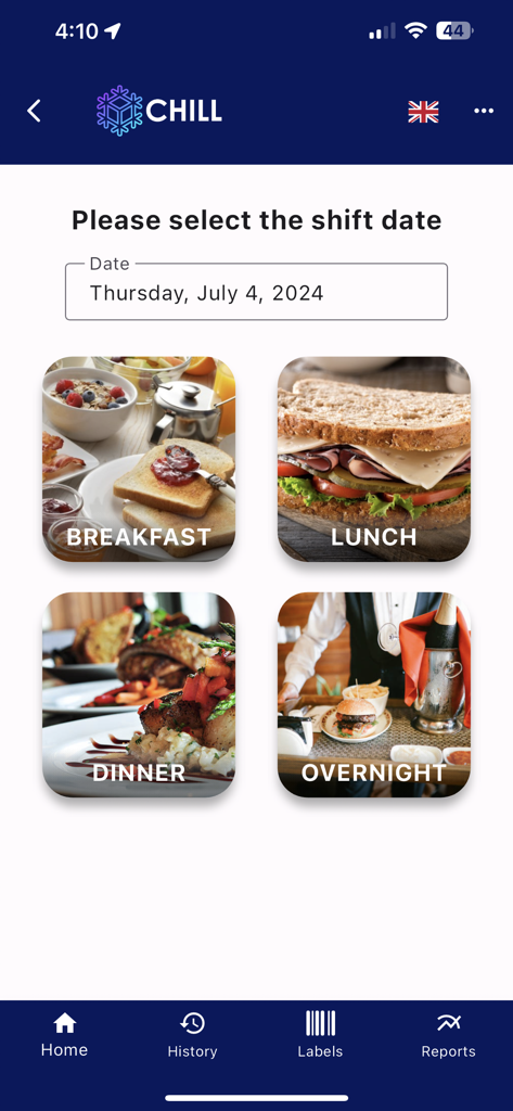 Shift selection interface for the Chill food waste management app showing options for Breakfast Lunch Dinner and Overnight shifts