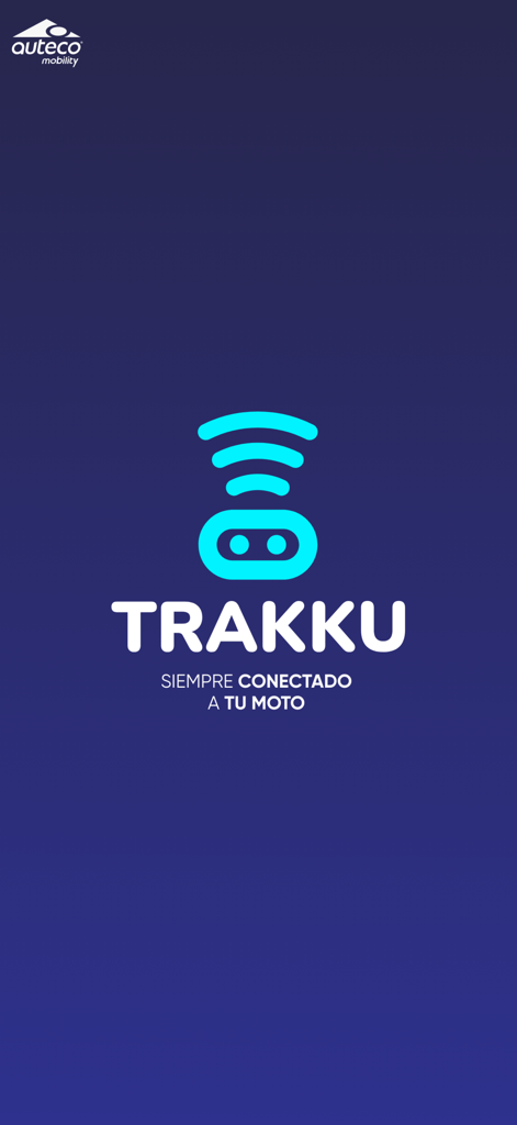 Auteco Trakku. - Splash screen of the Auteco Trakku app featuring the logo and the slogan Siempre conectado a tu moto
