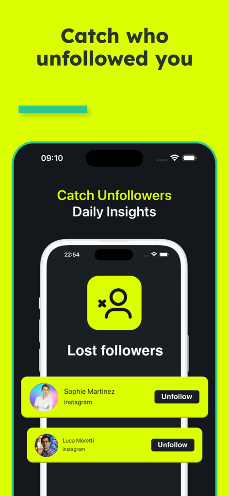 FollowerSpy Unfollower Tracker - A mobile app interface showing a list of lost followers and daily insights for Instagram.