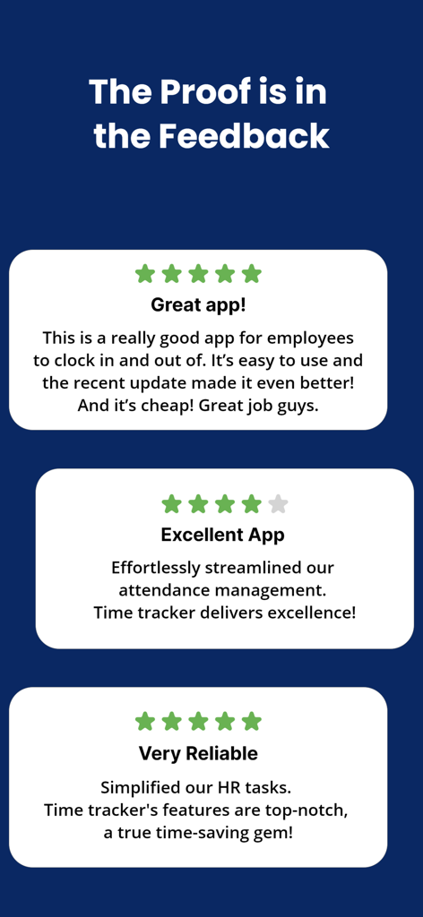 Time Tracker & Hours Tracker - Time TrackerおよびHours Trackerアプリの肯定的なユーザーレビューと5つ星レビュー。信頼性とシンプルさを強調