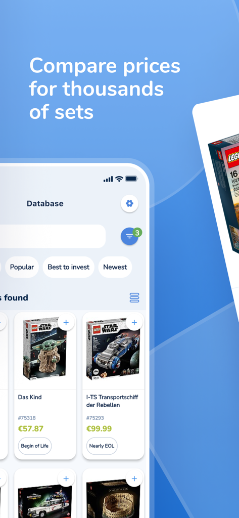 Brickfact - Brickfact app interface showing a Lego set database for price comparison and investment tracking