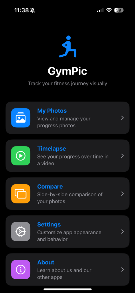 Menu principale dell'app GymPic che mostra le opzioni per foto, timelapse e confronto