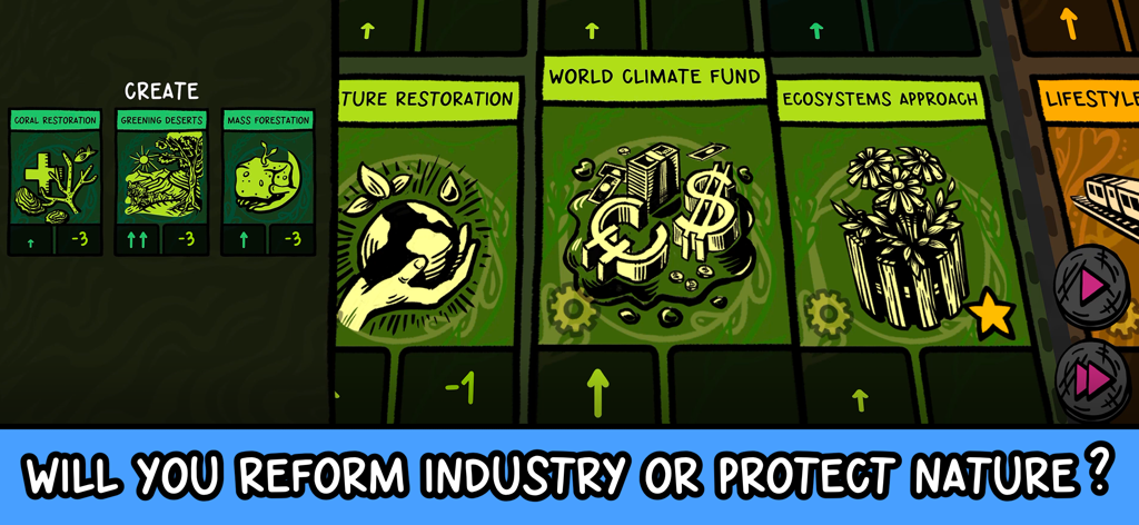Beecarbonize - Gameplay screenshot of Beecarbonize showing strategic cards for nature restoration and the world climate fund
