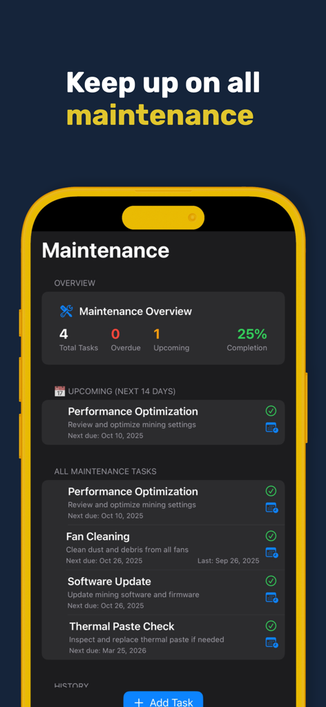 Maintenance screen of HashWatcher app displaying crypto miner tasks like fan cleaning and thermal paste checks