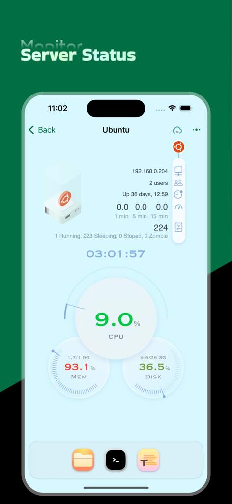 SSHUI - SSH Client & Terminal - SSHUIアプリインターフェース。CPU、メモリ、ディスク使用率のゲージを含むUbuntuサーバーのパフォーマンスメトリクスを表示。