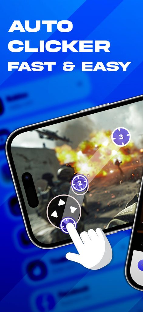 Auto Clicker・Click Assistant - Smartphone showing a mobile game with numbered purple circles indicating automated tap points