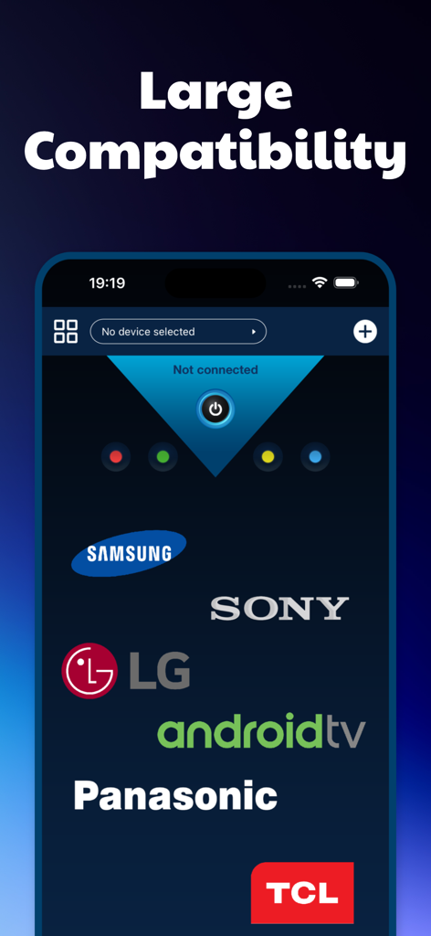 Universal Remote for Smart TV. - Interfaz de la aplicación de control remoto universal que muestra compatibilidad con las principales marcas de TV como Samsung Sony LG y Android TV.