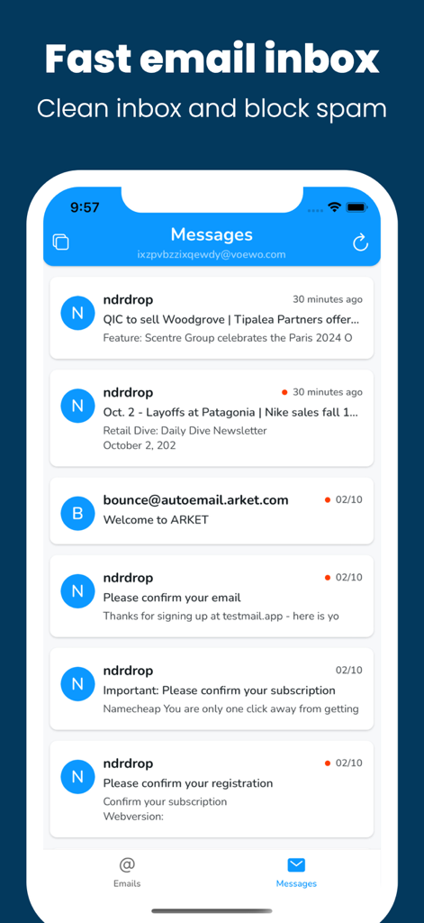 Temp Mailアプリのインターフェース。一時メール受信トレイで受信したメッセージのリストが表示されています。