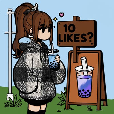 girl with oversized hoodie drinking boba and she has a high ponytail with a sign that says 10likes?