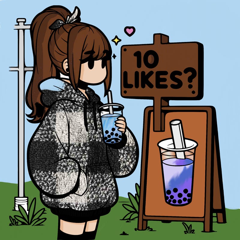 girl with oversized hoodie drinking boba and she has a high ponytail with a sign that says 10likes?