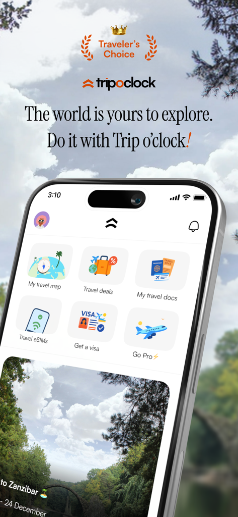 Trip o'clock: Travel anywhere - Tela inicial do aplicativo Trip o clock com ferramentas de planejamento de viagem e selo de escolha do viajante