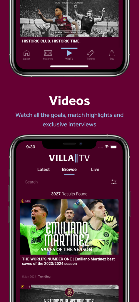 Aston Villa FC - 골키퍼 에밀리아노 마르티네스의 영상 하이라이트가 포함된 VillaTV 섹션을 보여주는 애스턴 빌라 앱