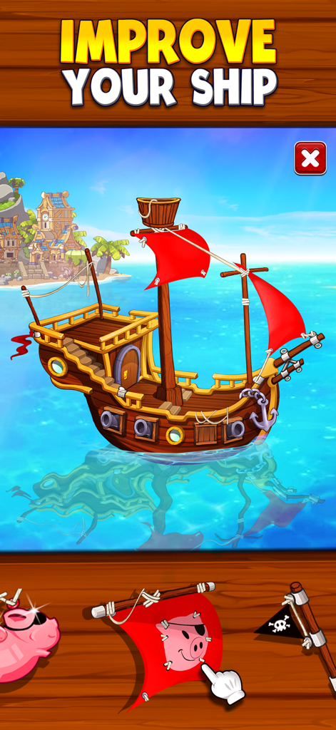 Prize Blast - Um ecrã de personalização no Prize Blast onde os jogadores podem melhorar o seu navio pirata com novas velas e figuras de proa