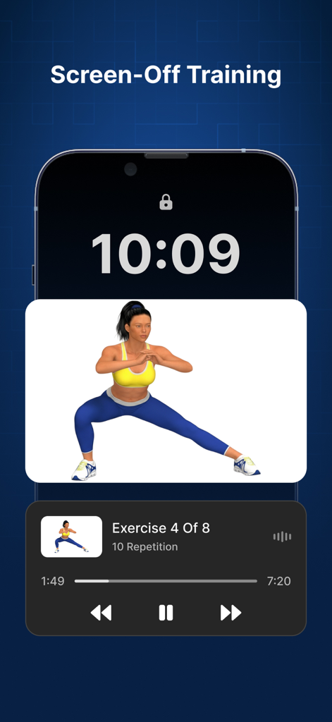 P4P Legify: Leg workout - Función de entrenamiento con pantalla apagada de la aplicación Legify en la pantalla de bloqueo de un móvil mostrando una animación de ejercicio 3D y controles de entrenamiento