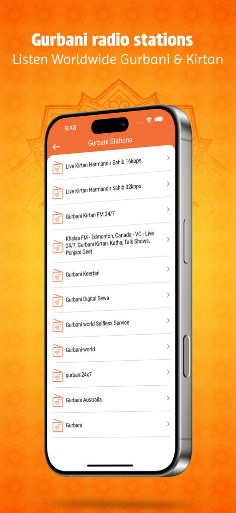 Smartphone screen displaying a list of Gurbani radio stations and live Kirtan streaming options in the Sikh World app.