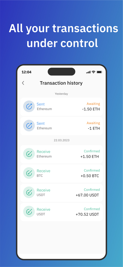 IronWallet Transaktionsverlauf-Bildschirm, der gesendete und empfangene Krypto einschließlich Ethereum und Bitcoin zeigt