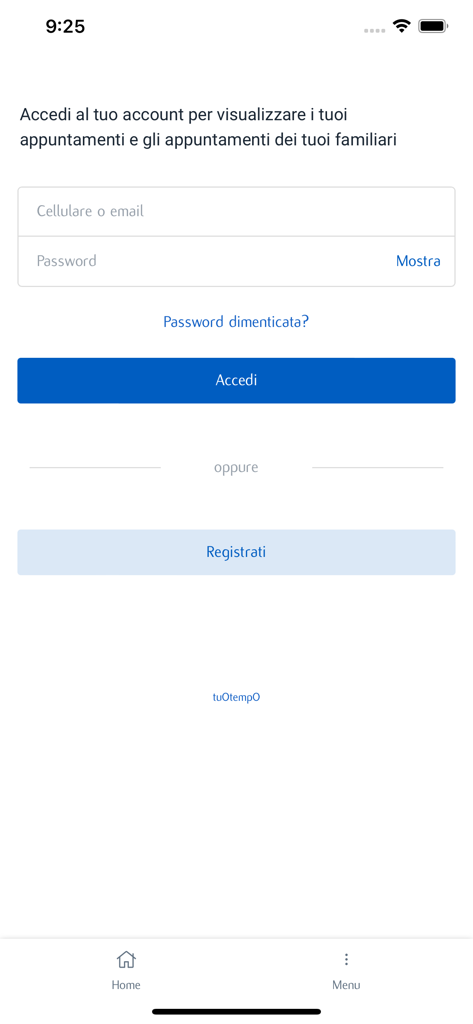 Schermata di accesso per l'app mobile My IEO con opzioni di registrazione e accesso.