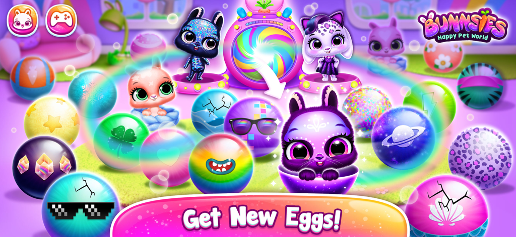 Bunnsies - Happy Pet World - Un grupo de huevos de colores y lindos conejos esponjosos en el entorno de la aplicación Bunnsies con un banner que dice Consigue Nuevos Huevos.