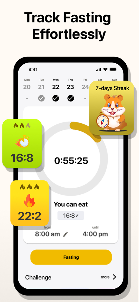Numi: AI Calorie Counter - Numi app interface showing an intermittent fasting timer and a seven day streak badge