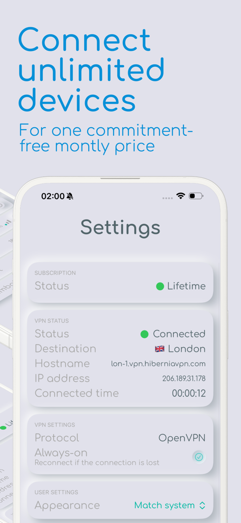 HiberniaVPN settings menu showing connected status in London using OpenVPN protocol