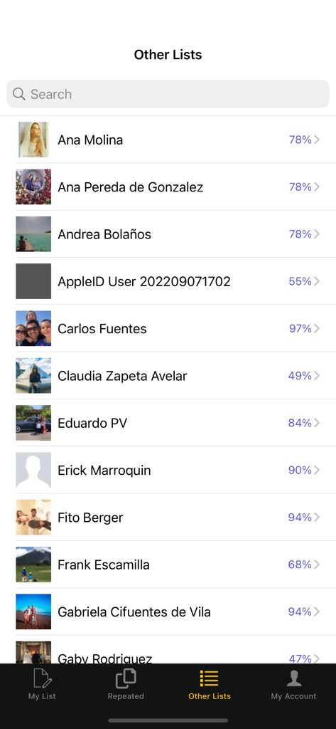 Sticker Album Collection - Uma lista de amigos e suas porcentagens de conclusão de álbum de figurinhas no aplicativo Coleção de Álbuns de Figurinhas