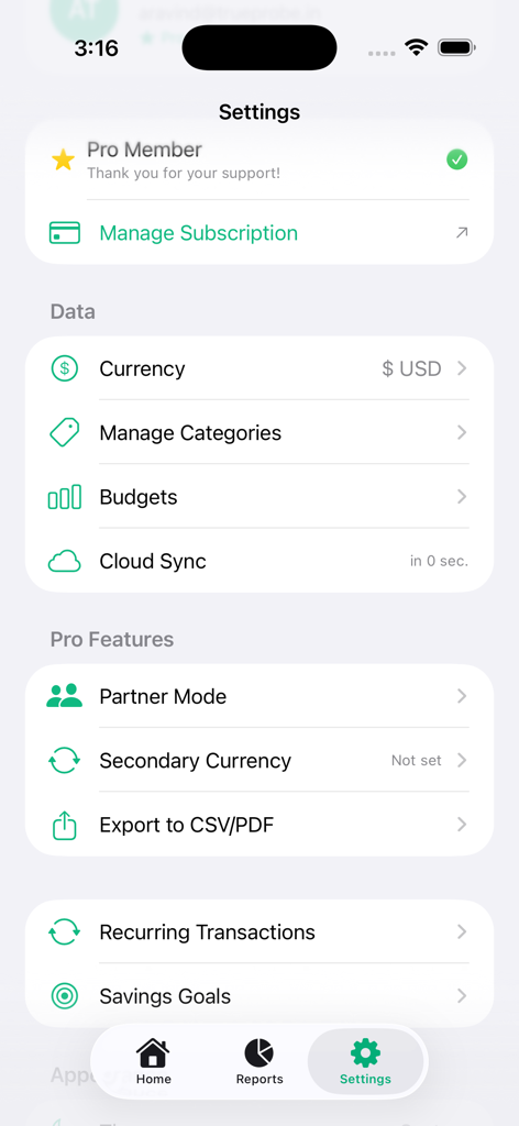 Pocket Clear - The settings interface of the Pocket Clear app showing pro features like Partner Mode and currency management.