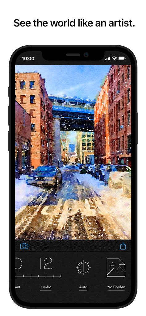 iPhone screen showing the Waterlogue app transforming a city street photo into a watercolor painting