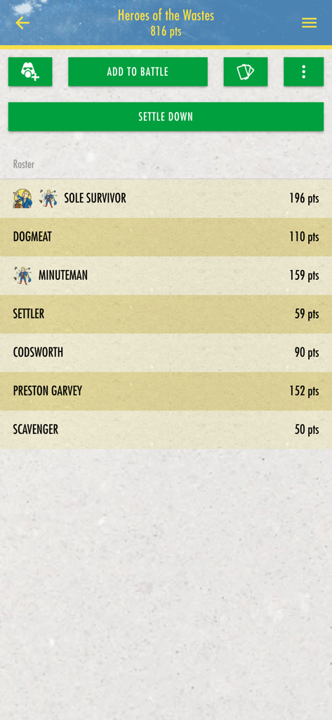 Fallout Miniatures - Vista de lista de la aplicación Fallout Miniatures que muestra la lista de unidades Héroes del Yermo y los totales de puntos
