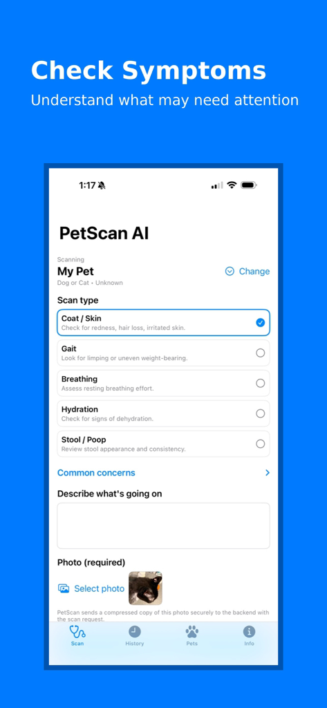 PawScan AI - PawScan AI アプリのインターフェース。皮膚や呼吸器系の症状チェック用。