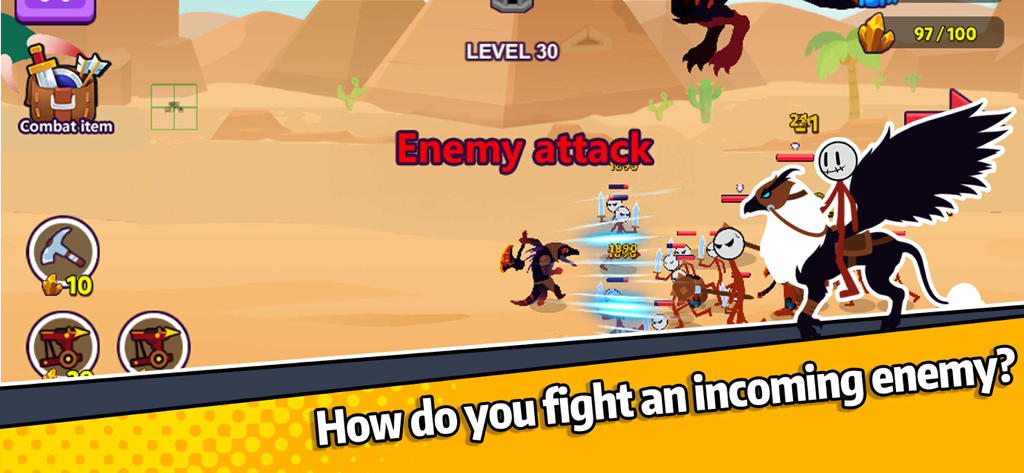 Gameplay screenshot of Idle Battle Warriors showing a stickman commander on a griffin defending against an enemy attack in a desert setting